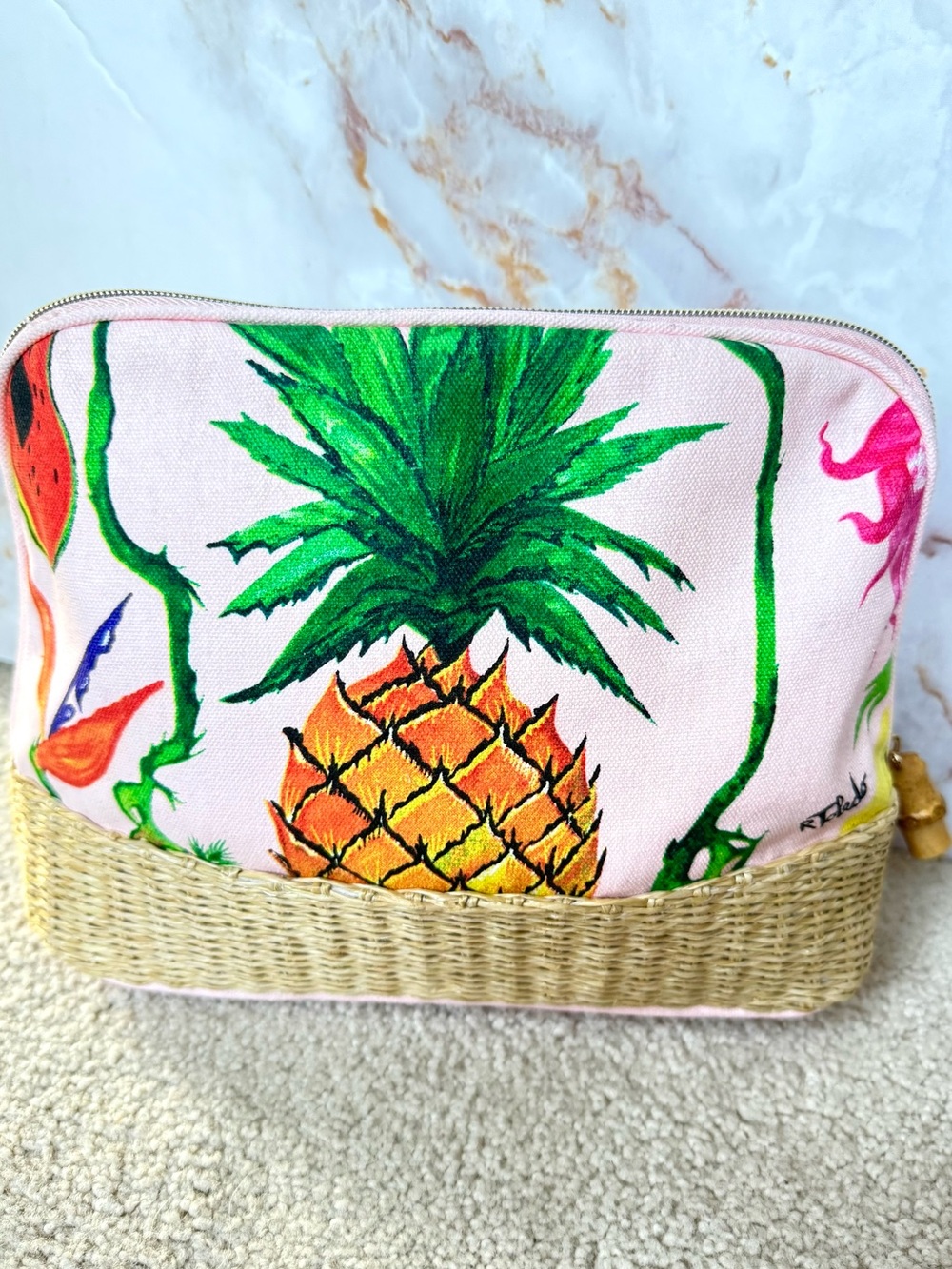 Estee Lauder R Ruben Toledo Bamboo Pineapple Wicker Large Cosmetic Makeup Bag